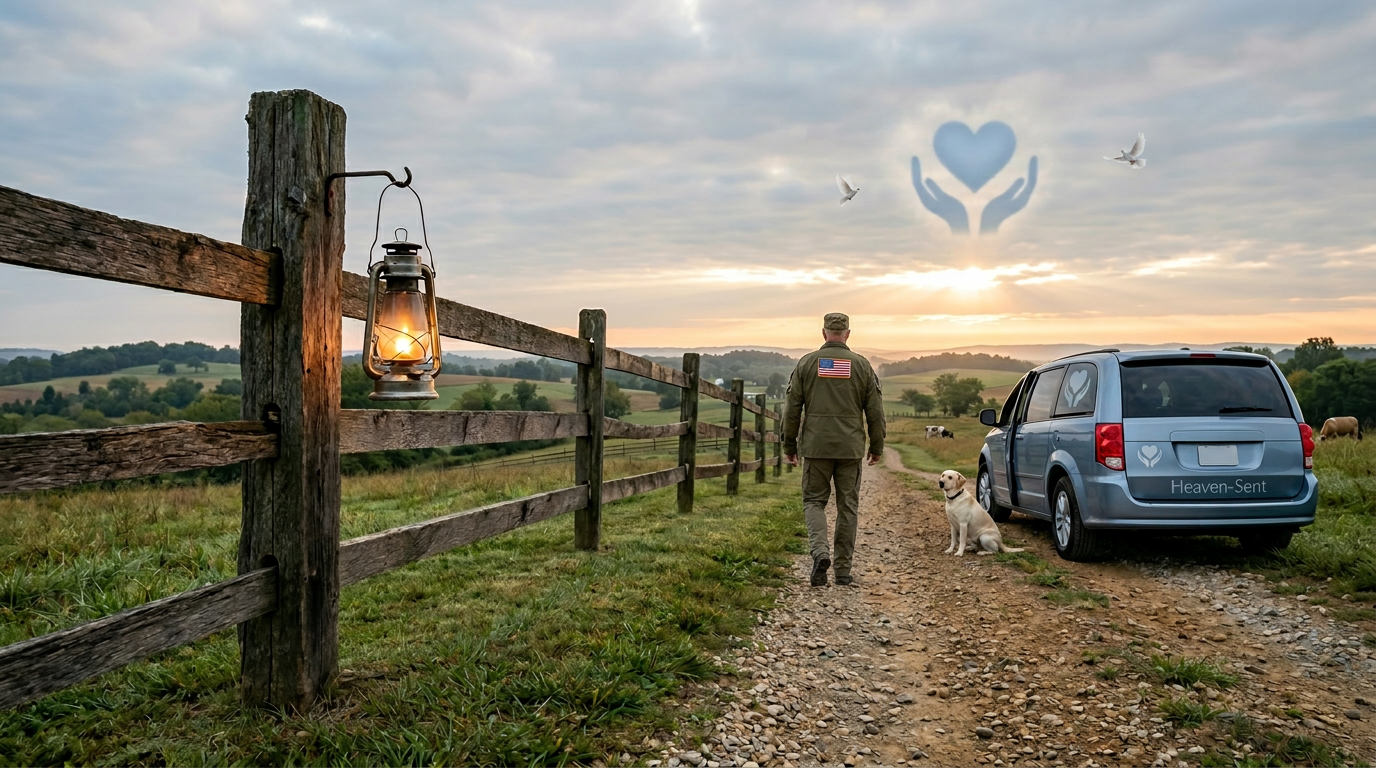 A Heaven-Sent support road scene with a veteran walking a country road toward help under a hopeful sky