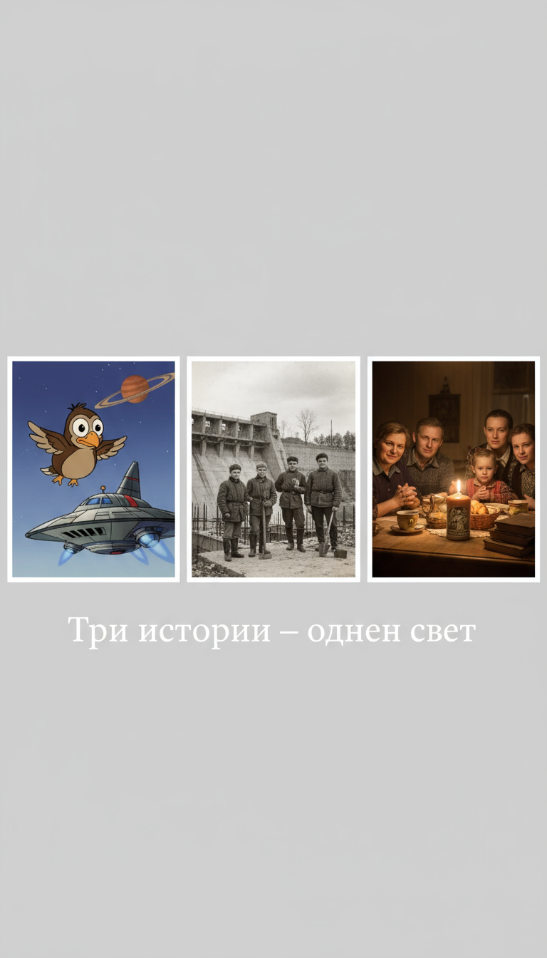 Collage of three scenes with the caption 'Три истории — один свет'