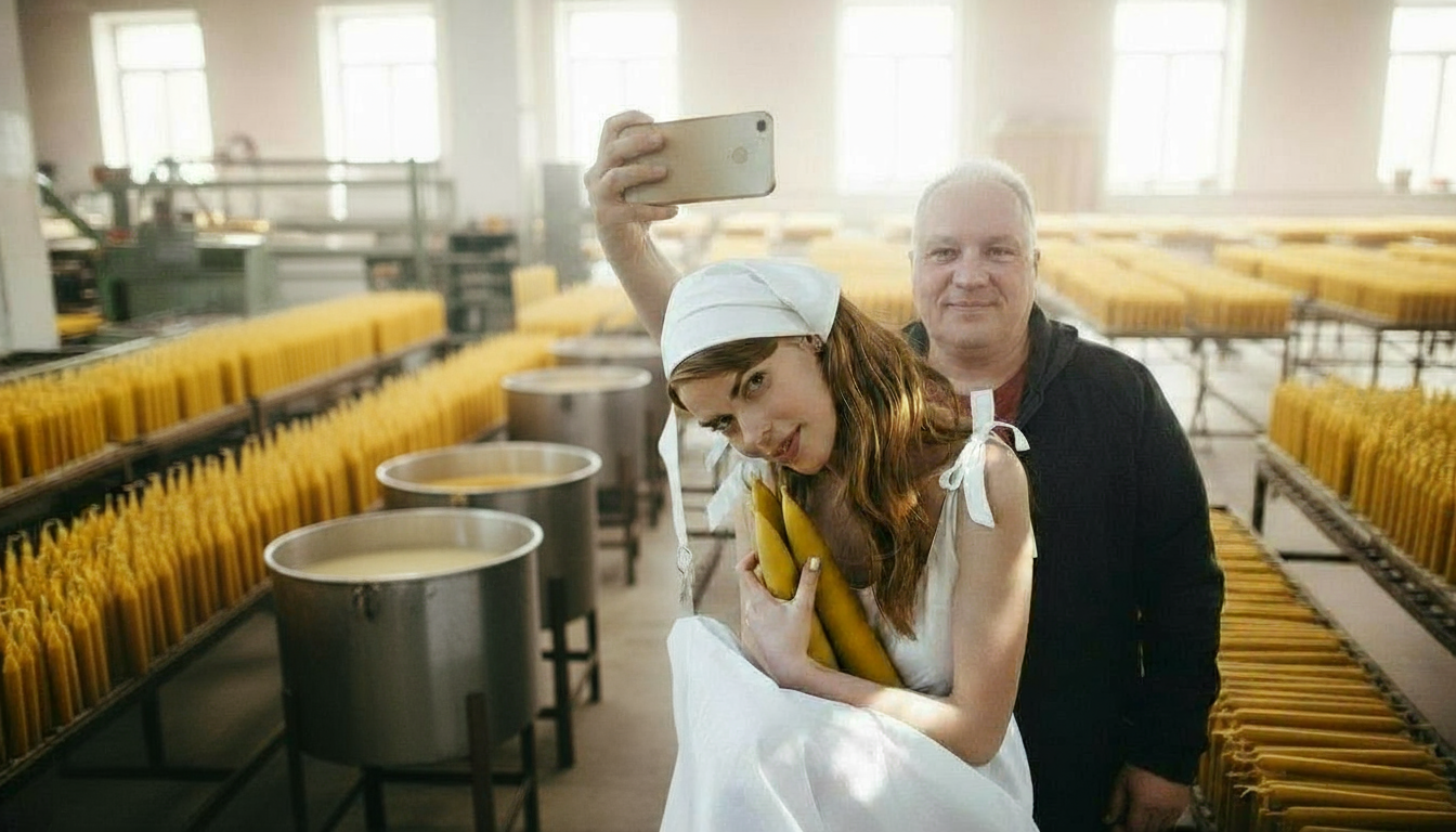 Two people taking selfie in candle factory