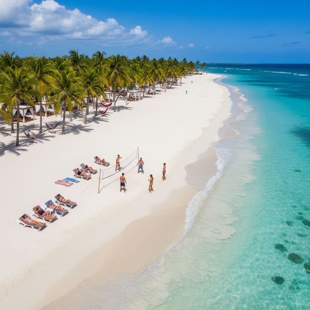 Aerial view of pristine Punta Cana beach with turquoise waters and groups enjoying tropical paradise