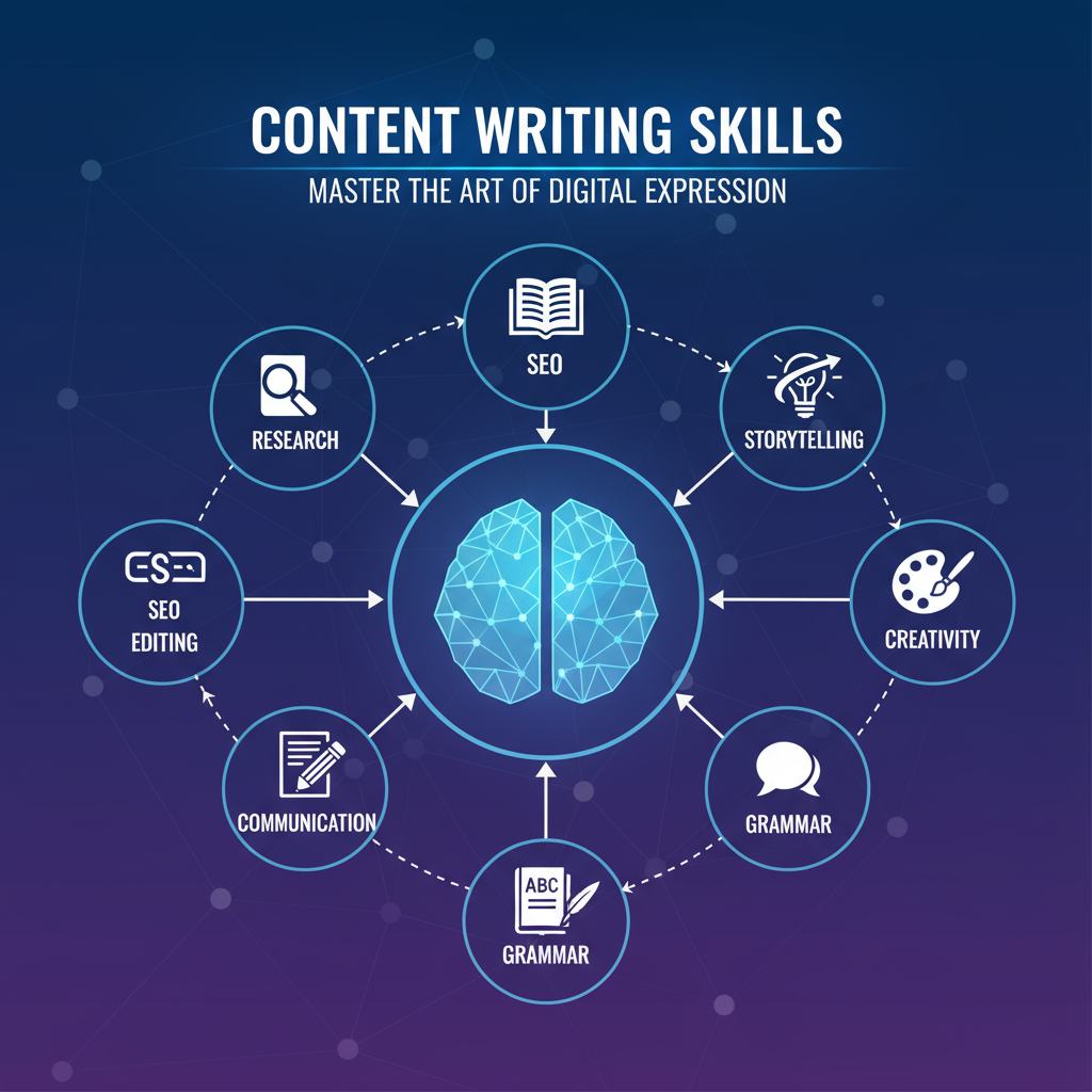 Infographic showing essential content writing skills with icons and modern style.