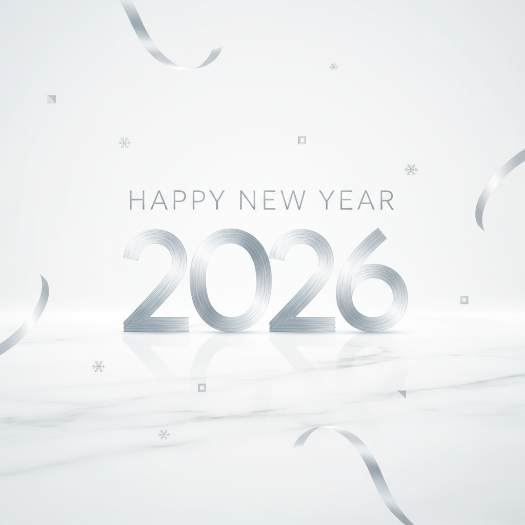 Silver and white minimalist sophisticated Happy New Year 2026