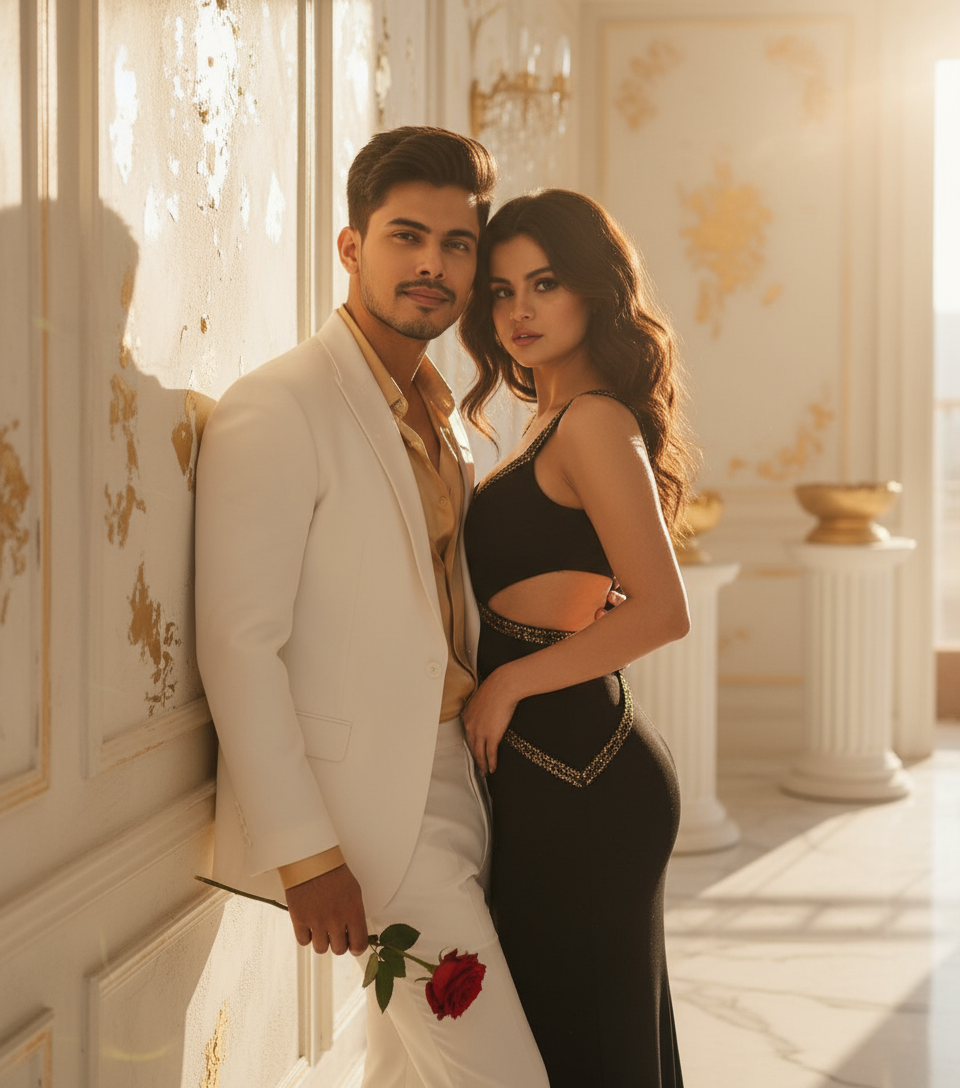 Man in suit holding flower with woman in black outfit close