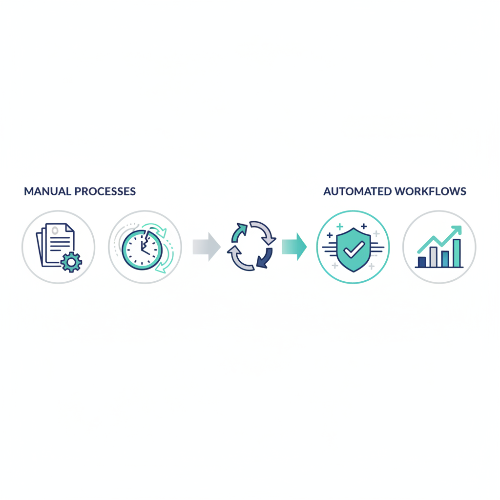 Illustration comparing manual business workflows to streamlined automated processes