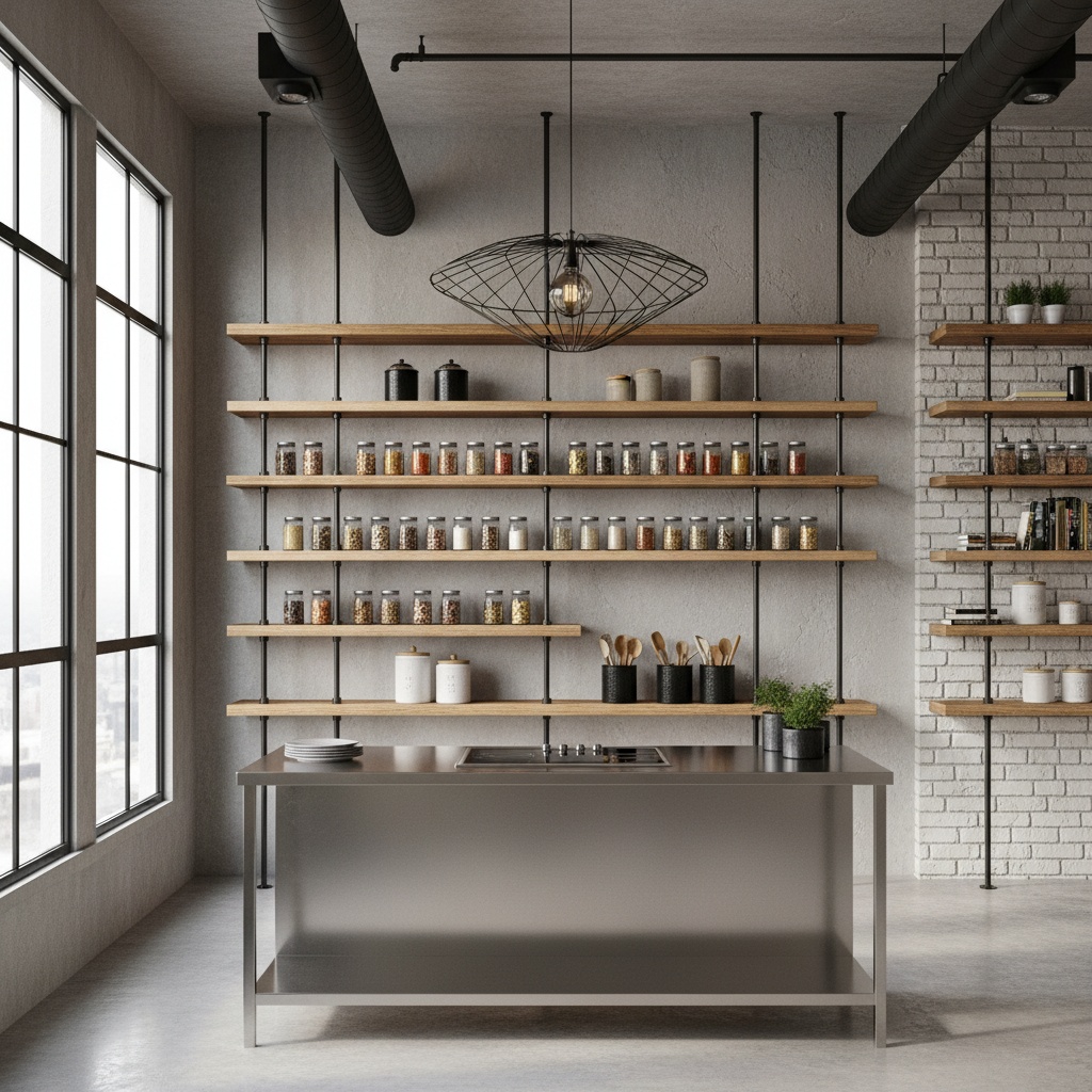 Cocina moderna industrial con estanterías y decoración funcional.