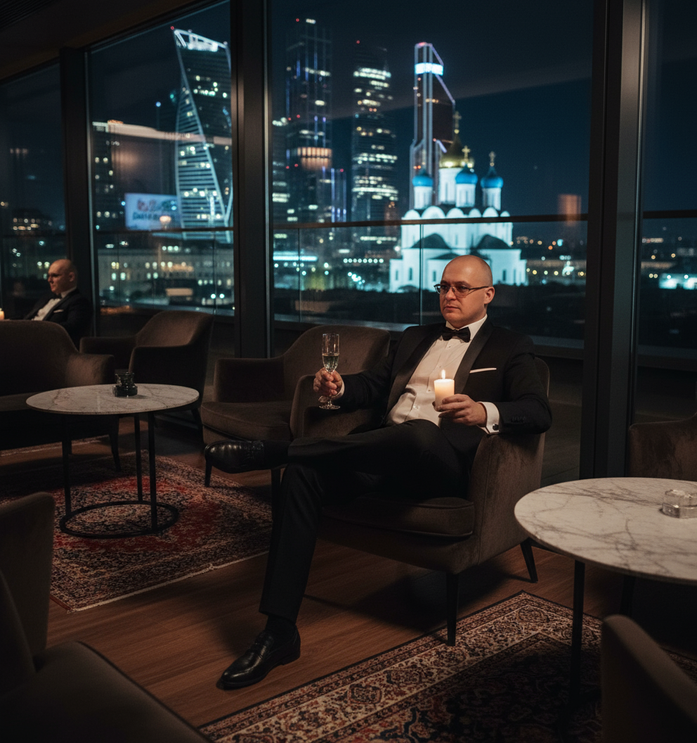 Портрет мужчины в смокинге с шампанским и свечой на крыше с видом на ночной Сергиев Посад.