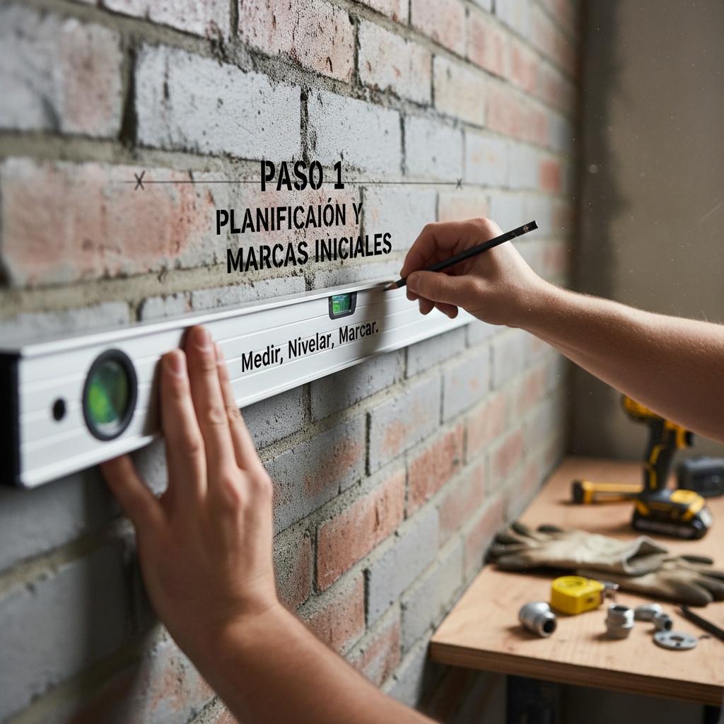 Instalación DIY de tubos metálicos en la pared con herramientas.