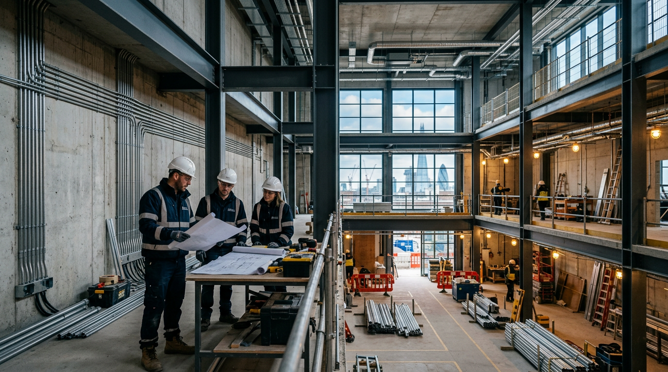 Professional construction installation site in London — organised electrical conduit and structural steelwork under expert management