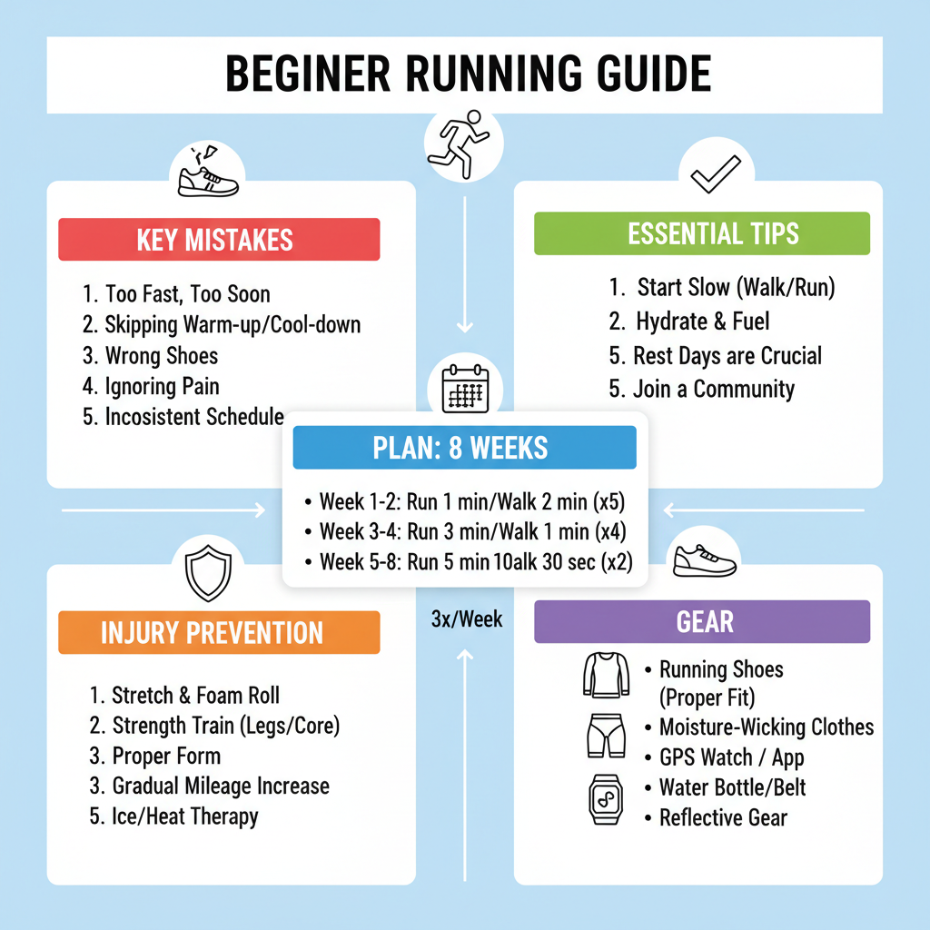 Visual guide: essential beginner running tips, mistakes, 8-week plan, gear, injury prevention.