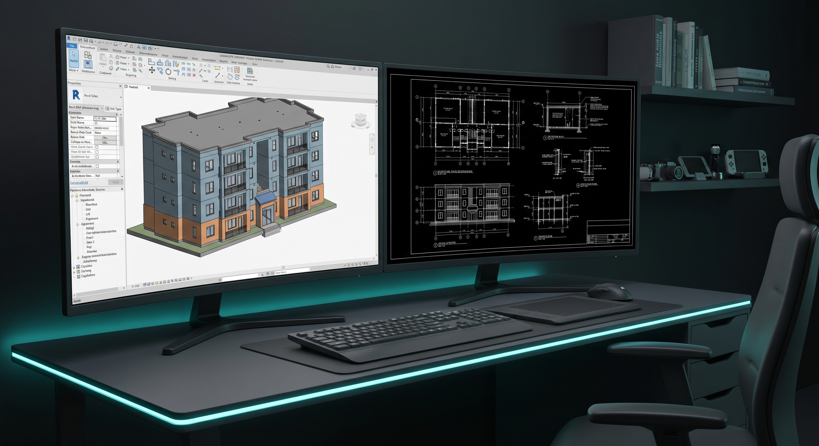 BIM модель многоэтажного здания в Revit на профессиональной рабочей станции