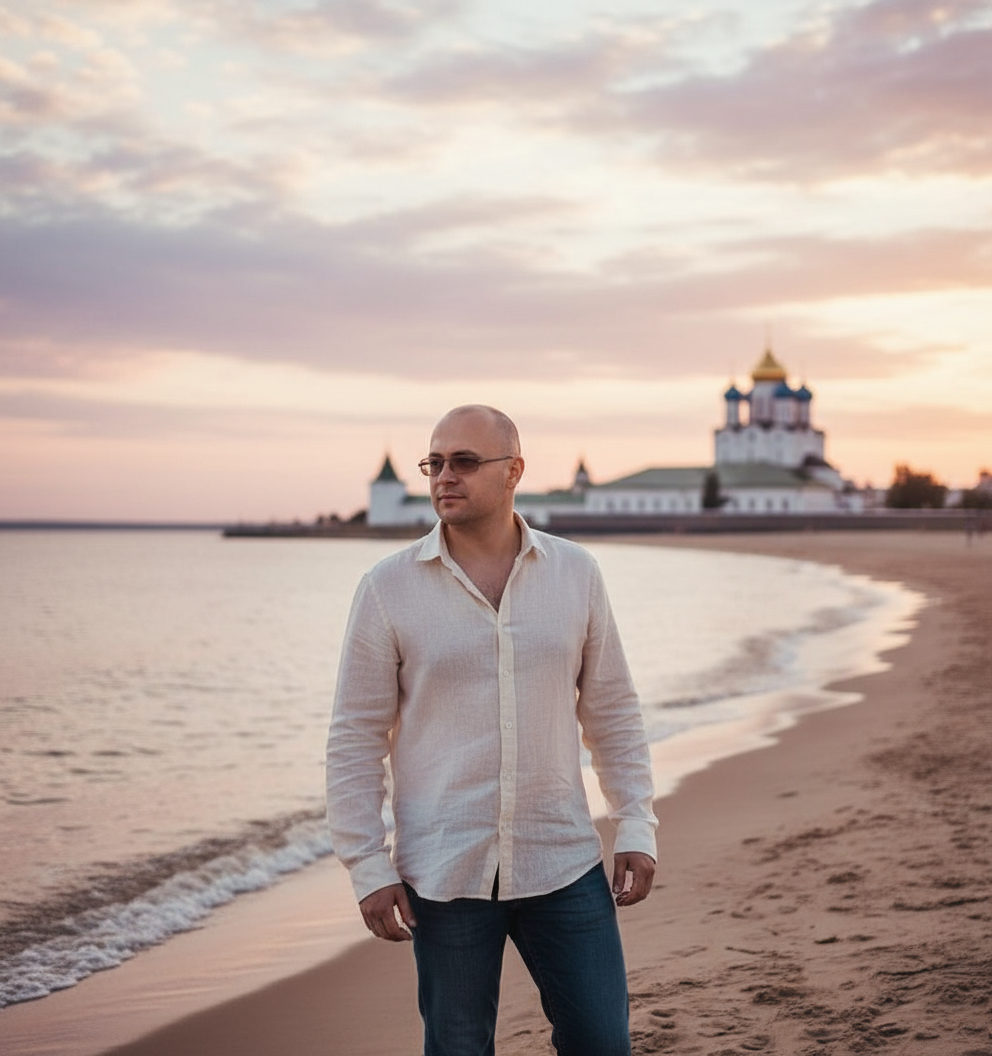 Портрет мужчины в льняной рубашке на закате на пляже в Сергиевом Посаде, с пастельным небом и ветром.