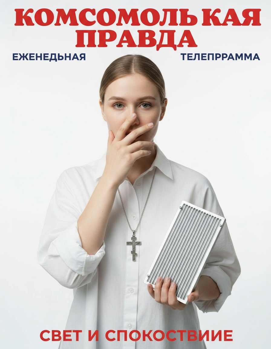 Обложка журнала Комсомольская правда - Еженедельник с телепрограммой, чистый стиль, реальное лицо, белый фон, наручная форма для свечей.