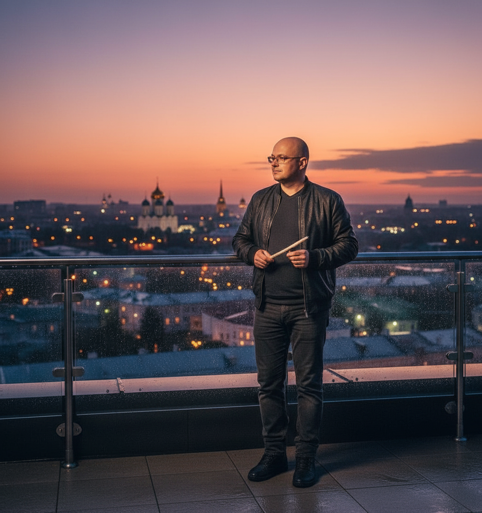 Confident man on rooftop at twilight in stylish leather jacket.