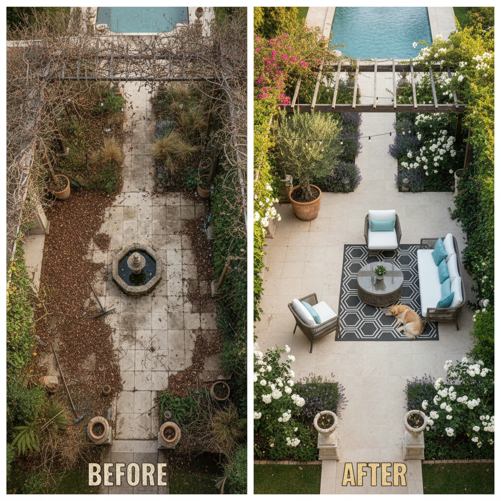 Villa kerti gondozás előtte-utána