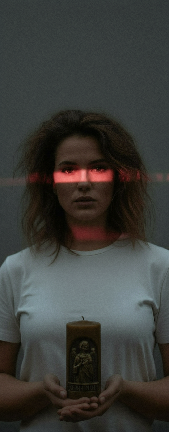 Cinematic close-up portrait, person in white shirt, holding candle, pink light band, moody film grain.