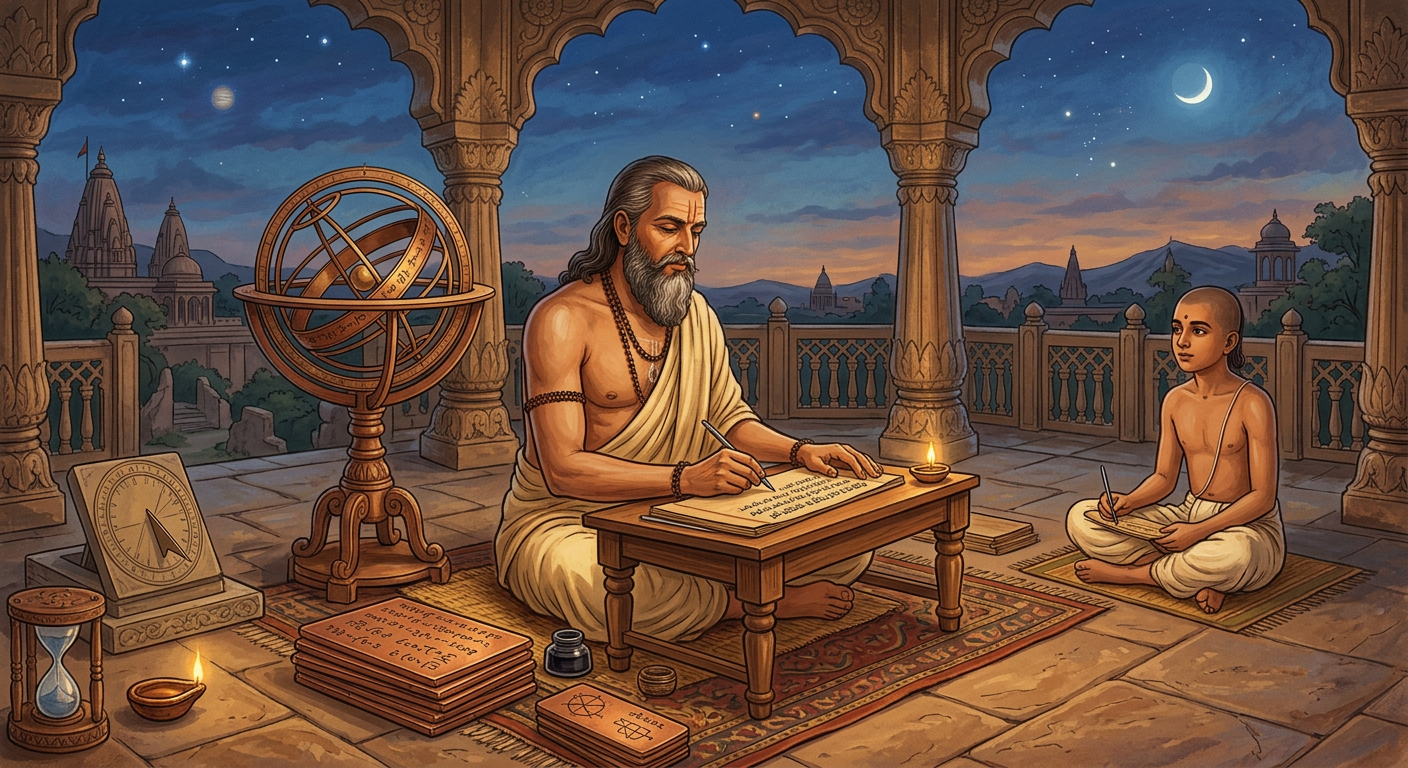 Aryabhata at his observatory with a student