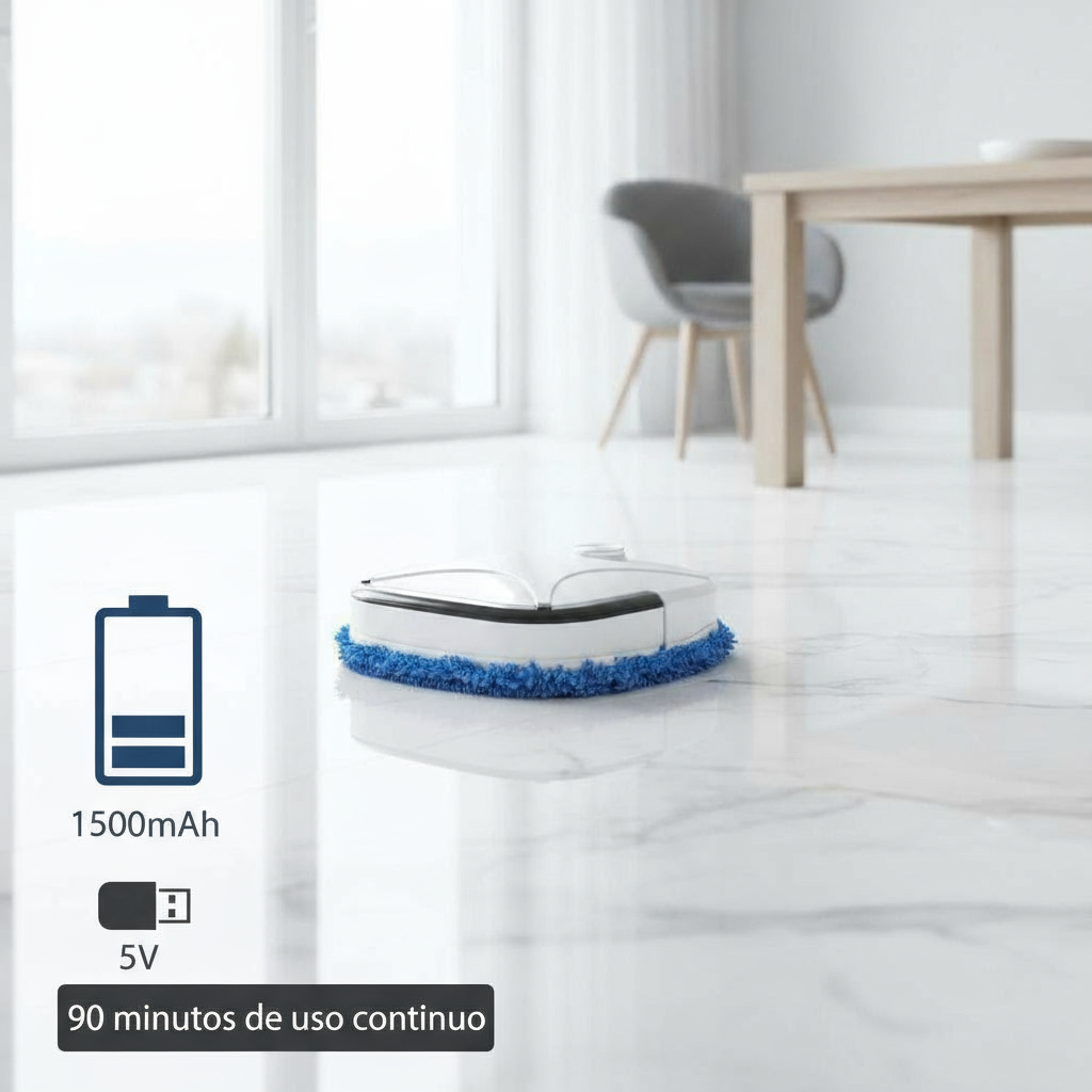 Imagen del robot mopa en piso limpio con iconos de energía inteligente destacados para landing page.