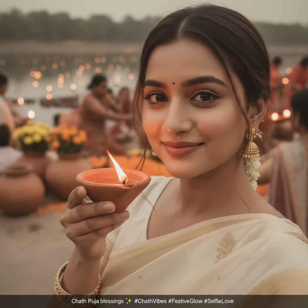 Stylish Chhath vibe selfie with diya glow and soft makeup online sapne