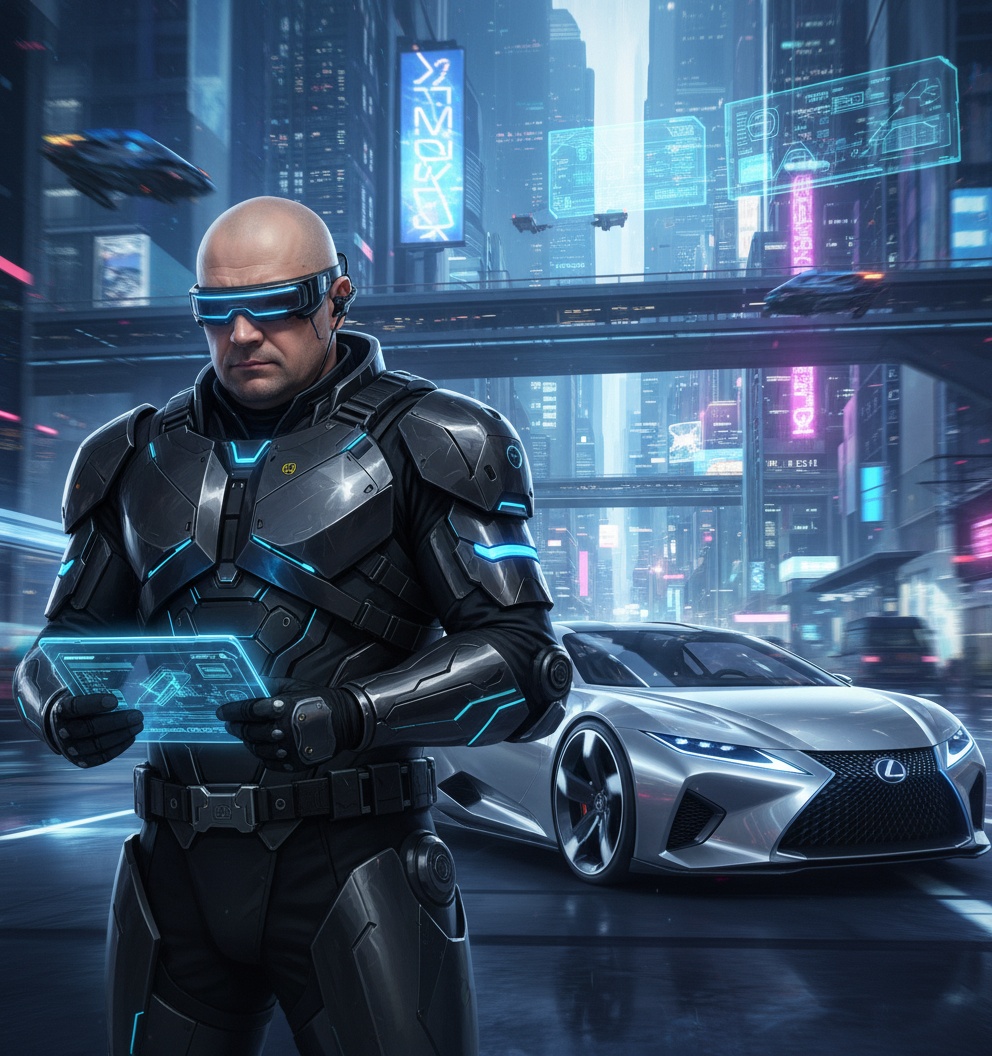 Person as cyber-officer in high-tech future, Lexus car next to them