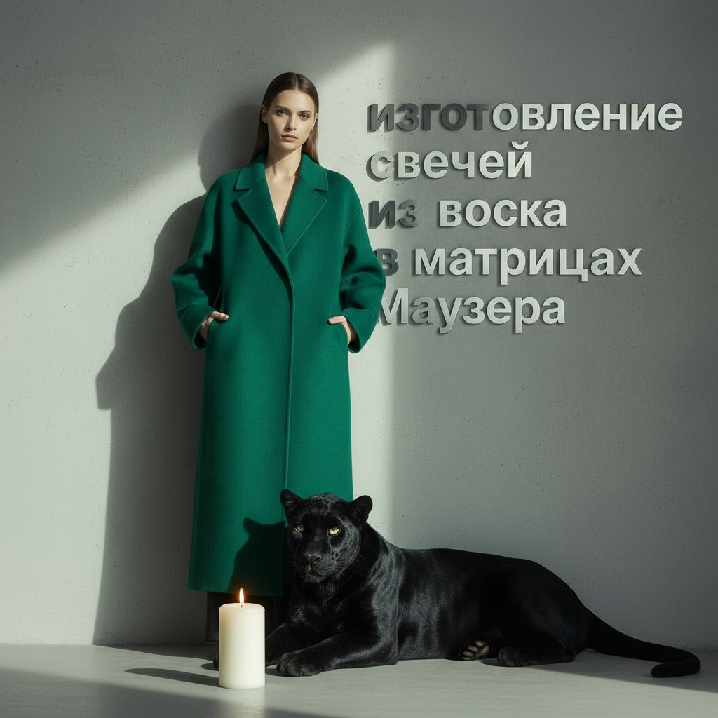 Fashion-съёмка: женщина в зелёном пальто и пантерой в стиле Vetements, крупный план по колено, изготовление свечей из воска в матрицах Маузера.