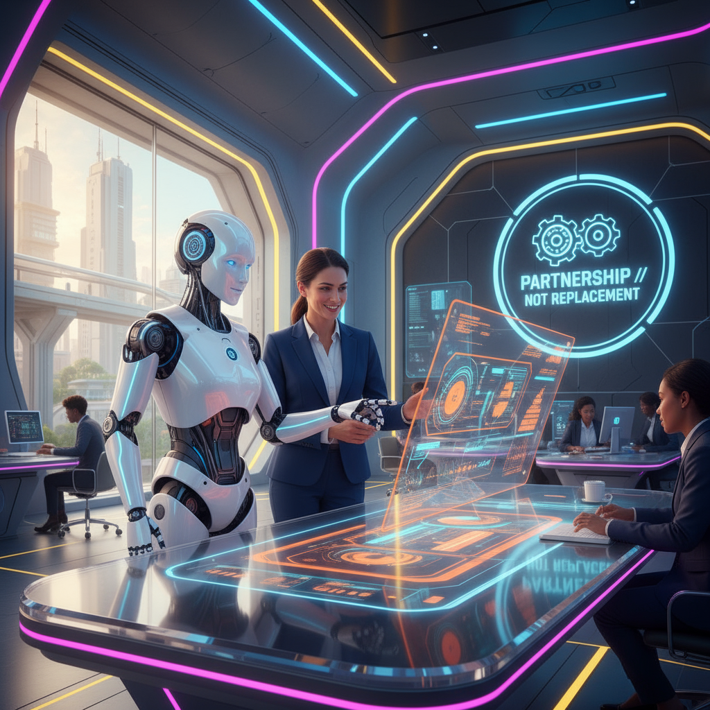 Futuristic AI robot and human collaborating in an office