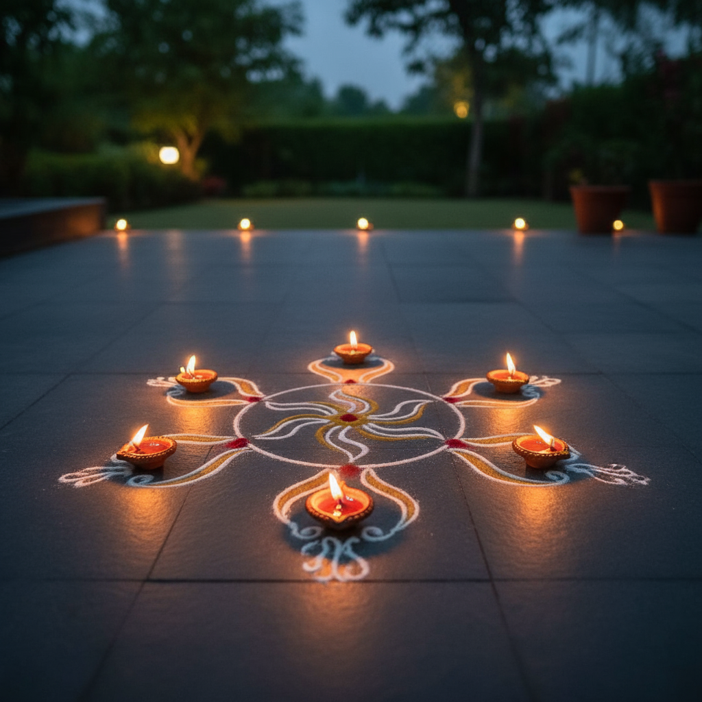 Simple Diya-Inspired Rangoli design with symmetrical flames around diyas