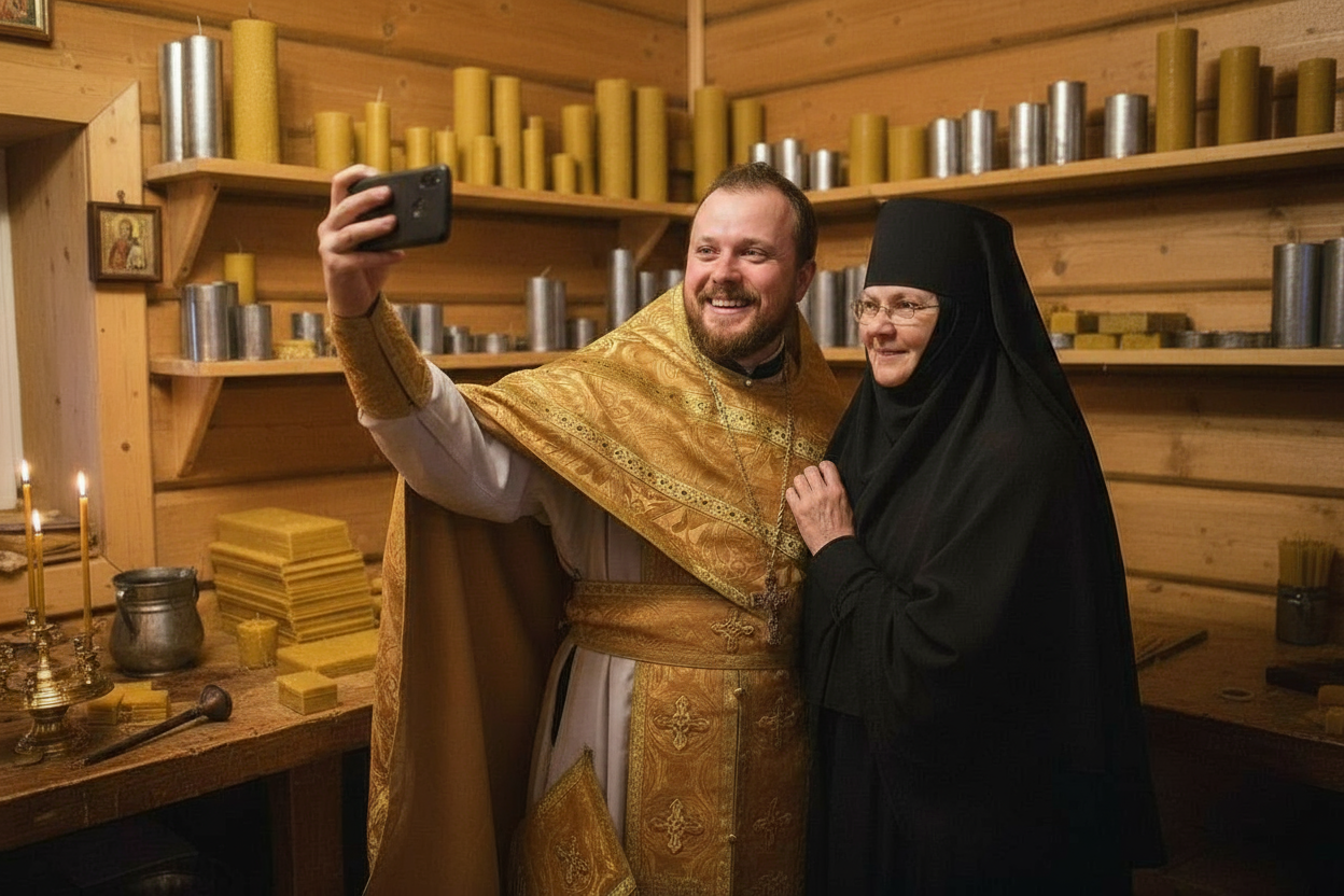 Orthodox priest and nun taking selfie in candle workshop