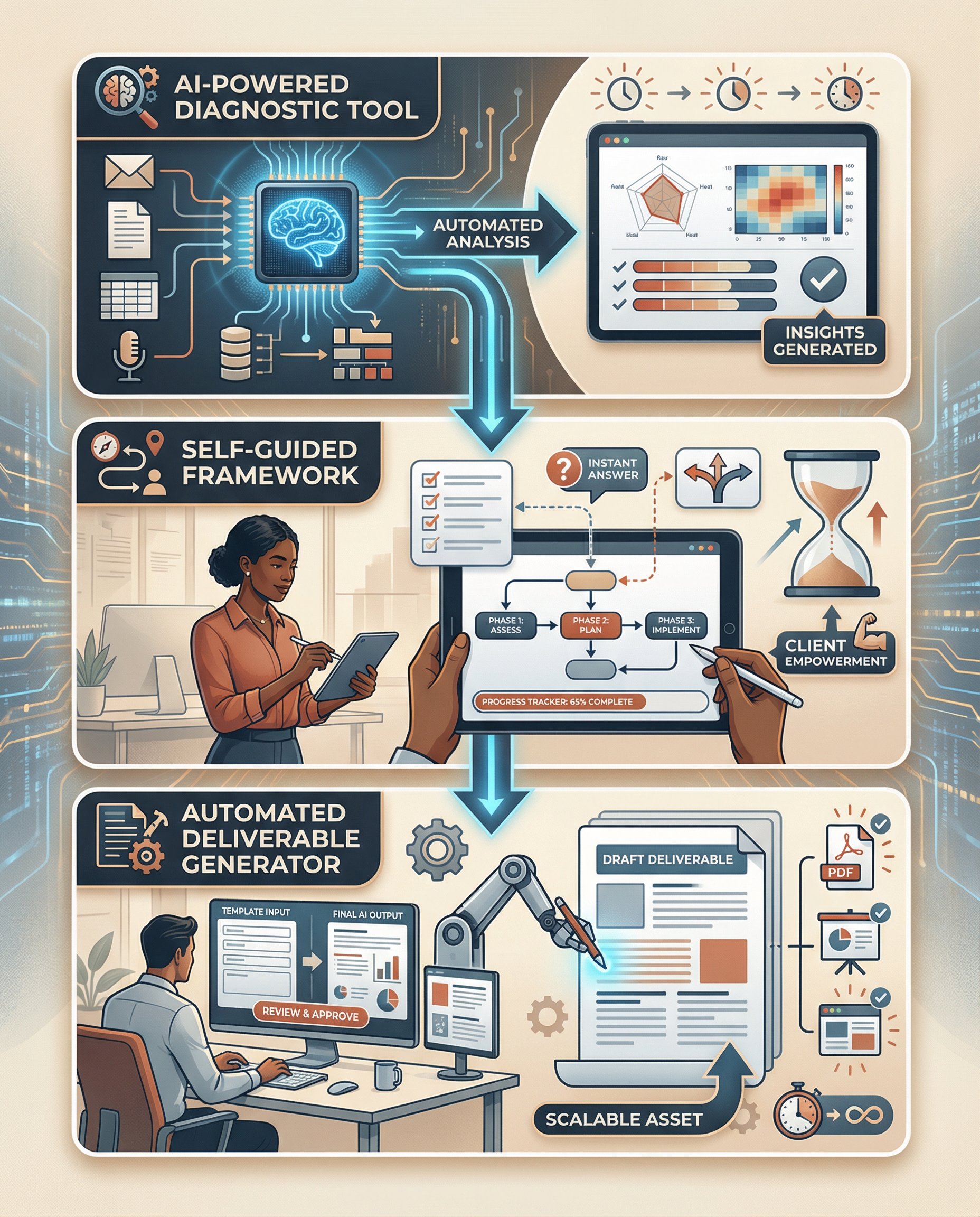 Three scalable AI asset types for consultants - diagnostic tools, self-guided frameworks, and automated deliverable generators