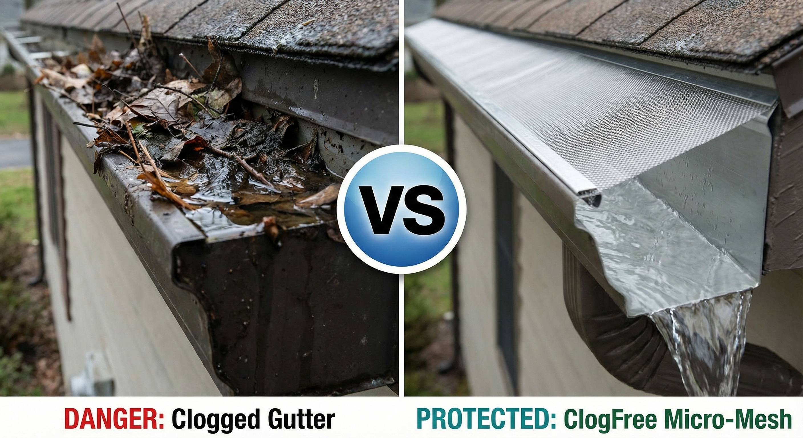 Before and After Comparison - Clogged vs Protected Gutters