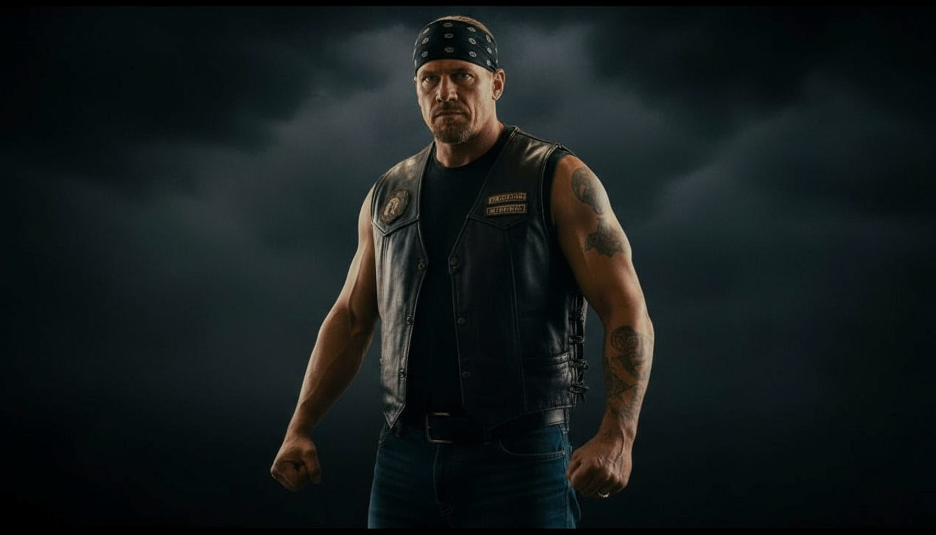 Biker gang leader in heroic stance, dramatic lighting, no background