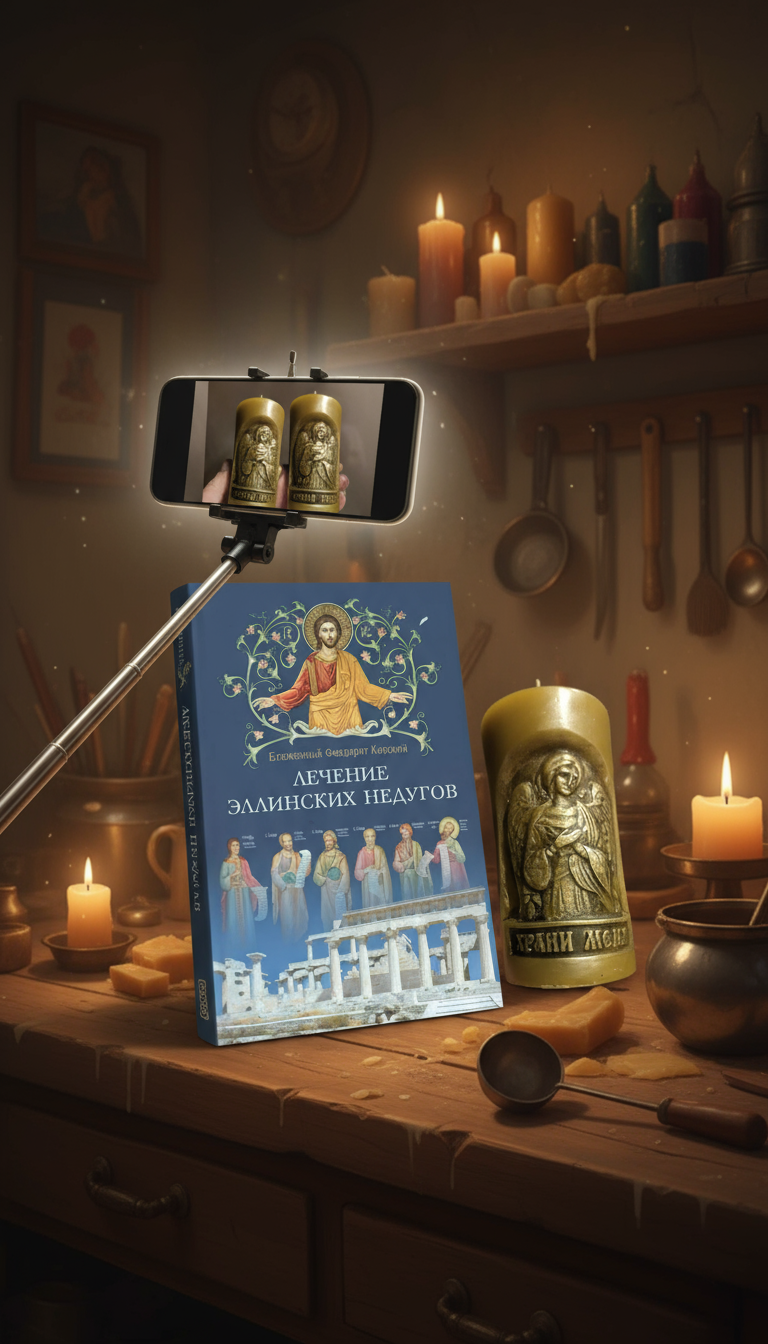 Book and candle selfie in workshop