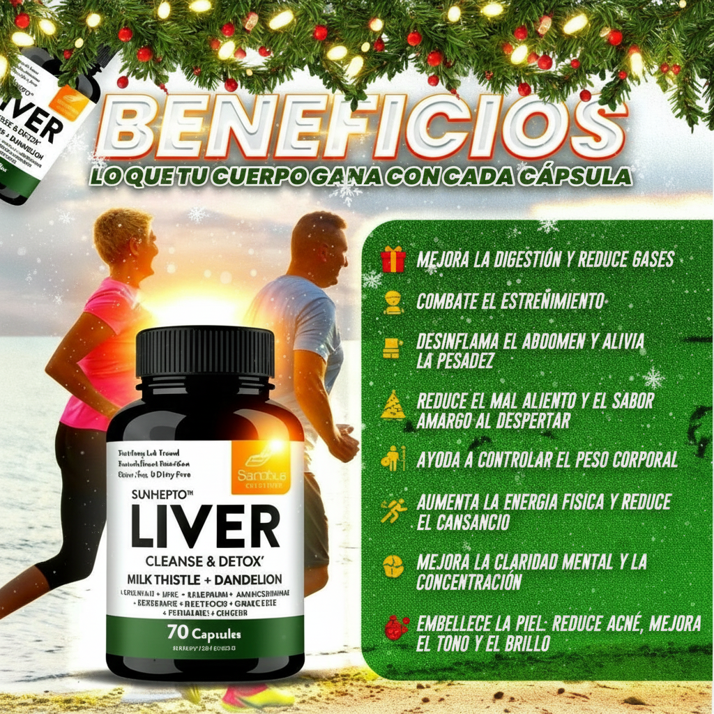 Banner de beneficios Liver Cleanse con estilo navide&ntilde;o.