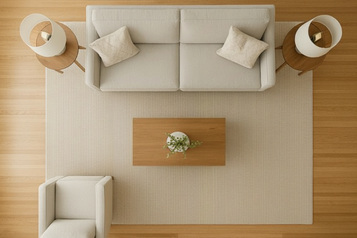 Top-down minimalist living room with sofa, armchair, rug, and coffee table.