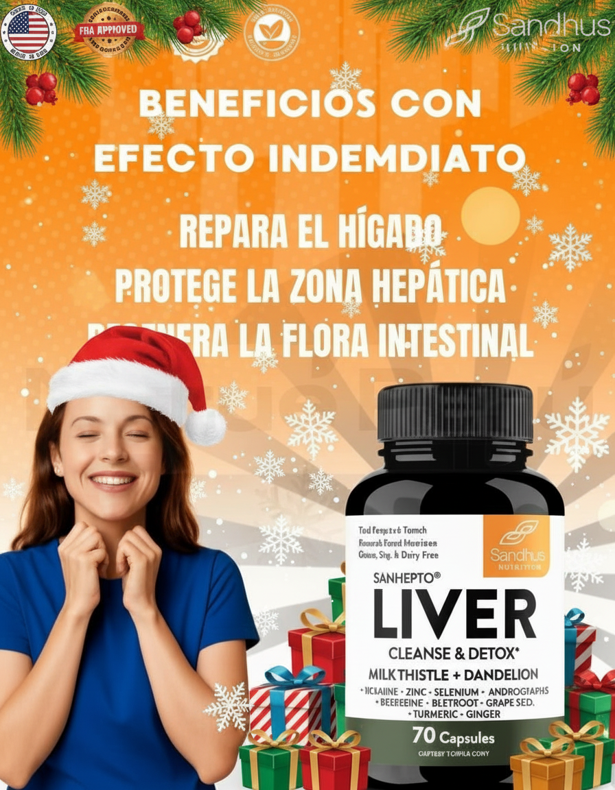 Anuncio Liver Cleanse navide&ntilde;o con m&aacute;s regalos, nieve y gorro de Navidad.