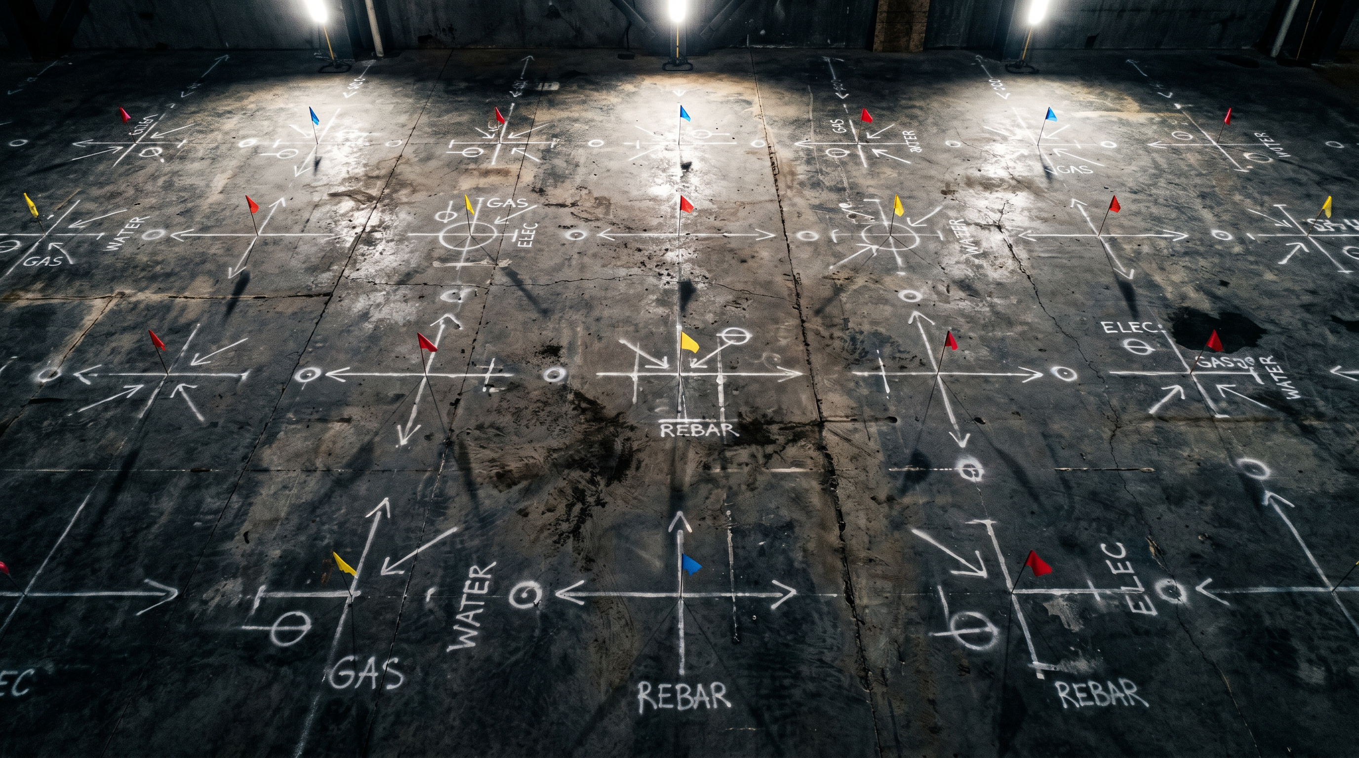 Concrete surface with professional field markings after GPR scanning
