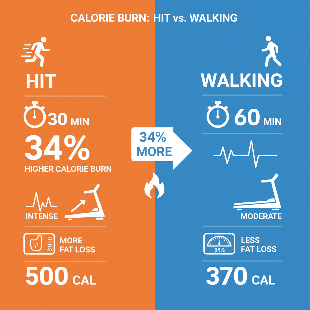 Infographic: HIIT vs Walking—Calories Burned, Fat Loss, Afterburn Effect, Visceral Fat.