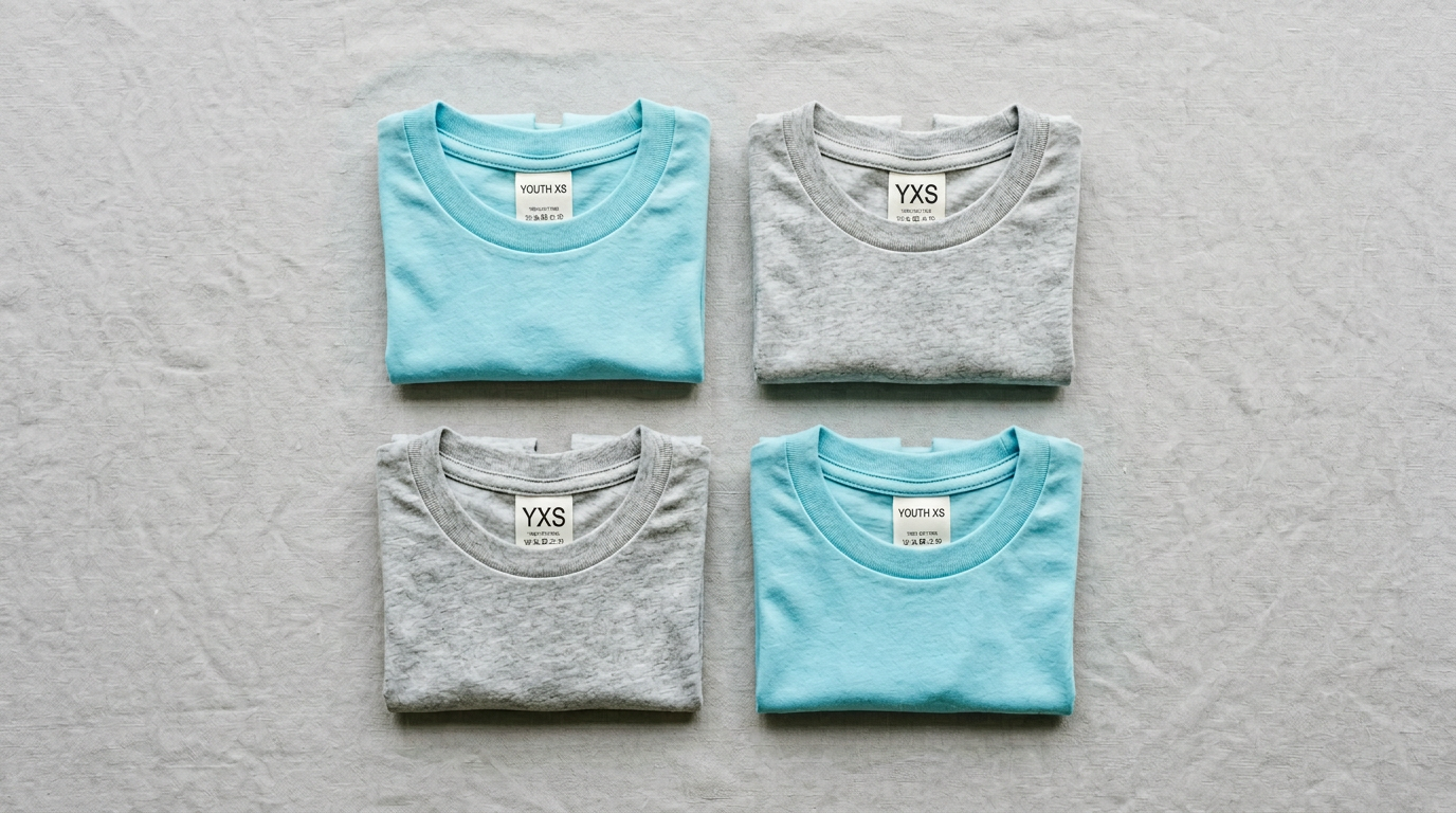 Youth extra small t-shirts in cyan and grey with visible size tags on a neutral surface