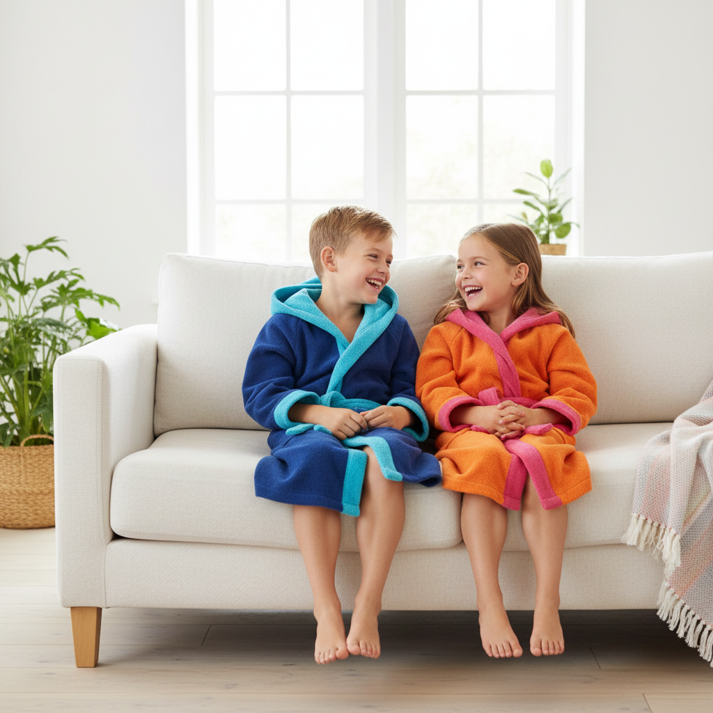 Dvě děti v županech sedí na pohovce a povídají si.