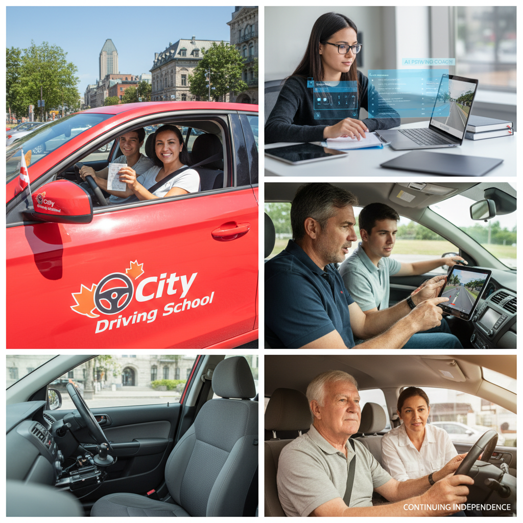 City Driving School instructor with teen learner in front of school car