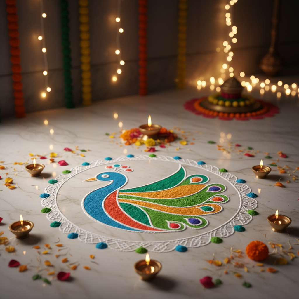 Simple Peacock Theme Rangoli with blue, green, and orange colors