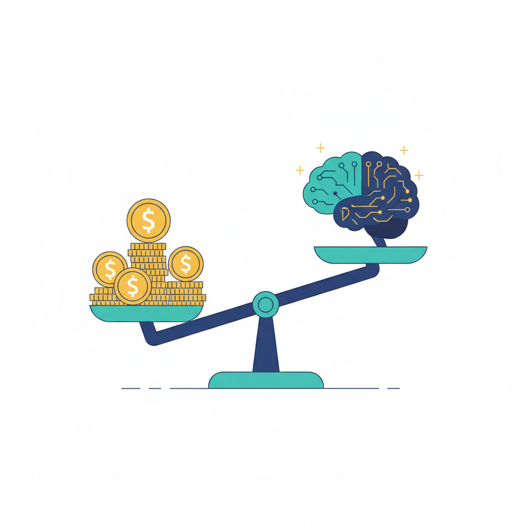 Illustration of a balance scale showing AI investment costs versus business returns and cost savings