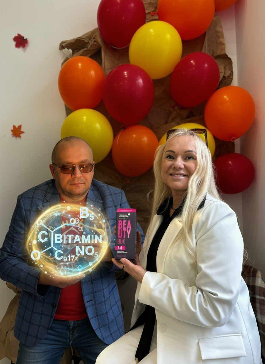 Женщина в белом костюме и задумчивый мужчина с формулой витамина B5 и Beauty Box, осенний уютный фон.