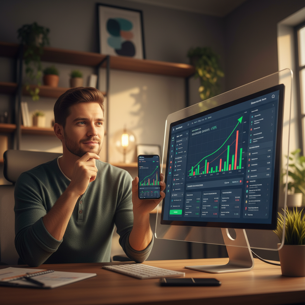 Beginner investor reviewing stock market growth dashboard