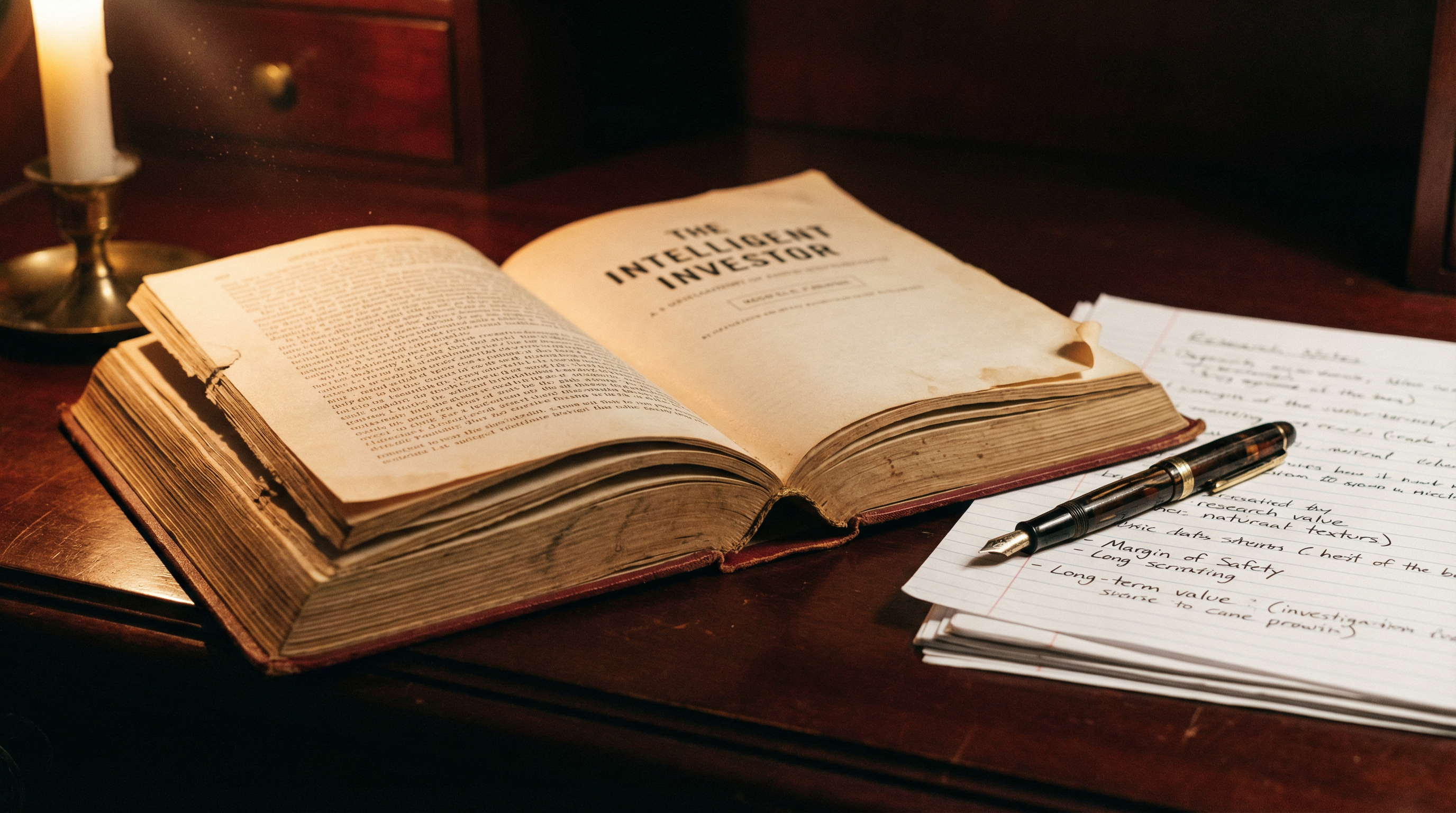 Open research book and fountain pen on a dark wooden desk, lit by warm candlelight — evoking patient, scholarly analysis