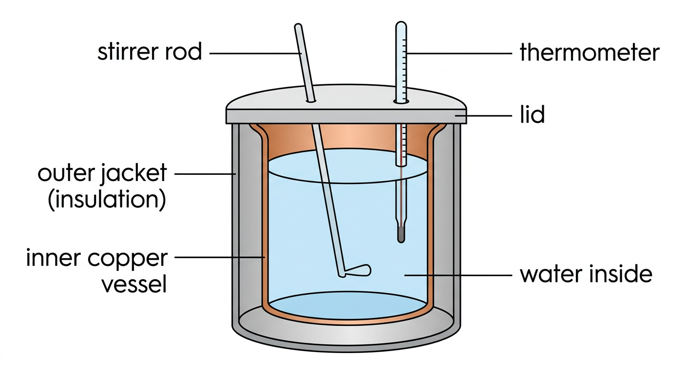 Labelled cross-section diagram of a calorimeter showing outer jacket, inner copper vessel, water, stirrer, thermometer and lid