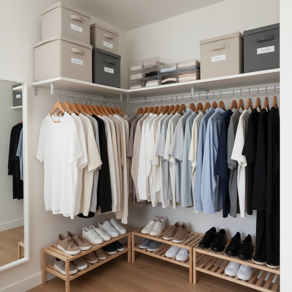 Clóset pequeño moderno y organizado con ropa clasificada