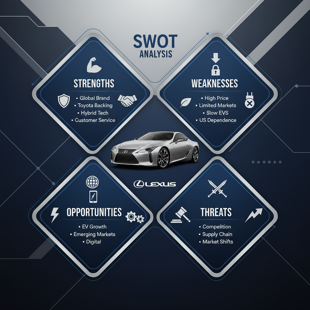 Lexus SWOT analysis infographic with quadrant points and brand theme.