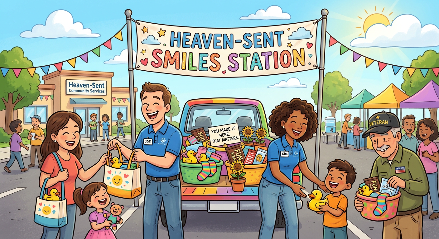 Cartoon Heaven-Sent Smiles Station with Joe and Kim handing out playful disaster care kits.