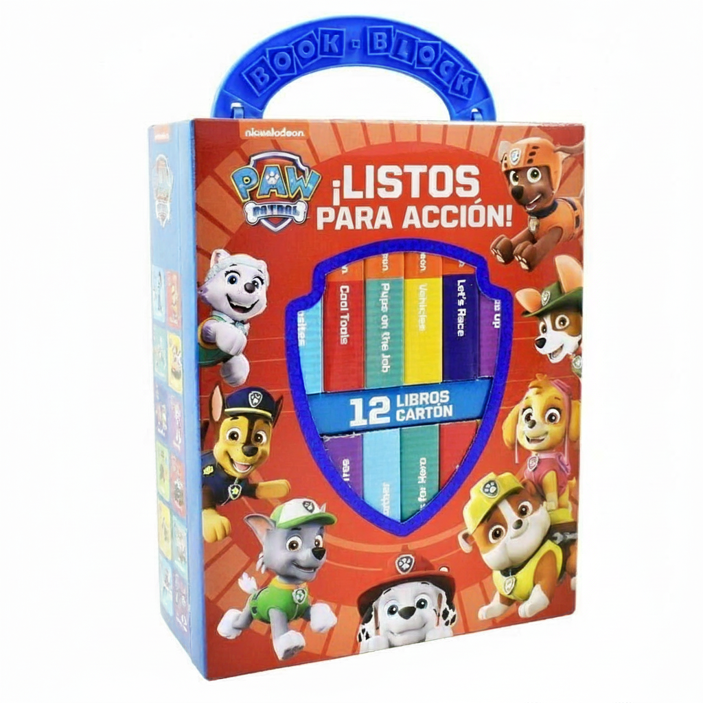Caja de libros Paw Patrol con texto ¡LISTOS PARA LA ACCIÓN!