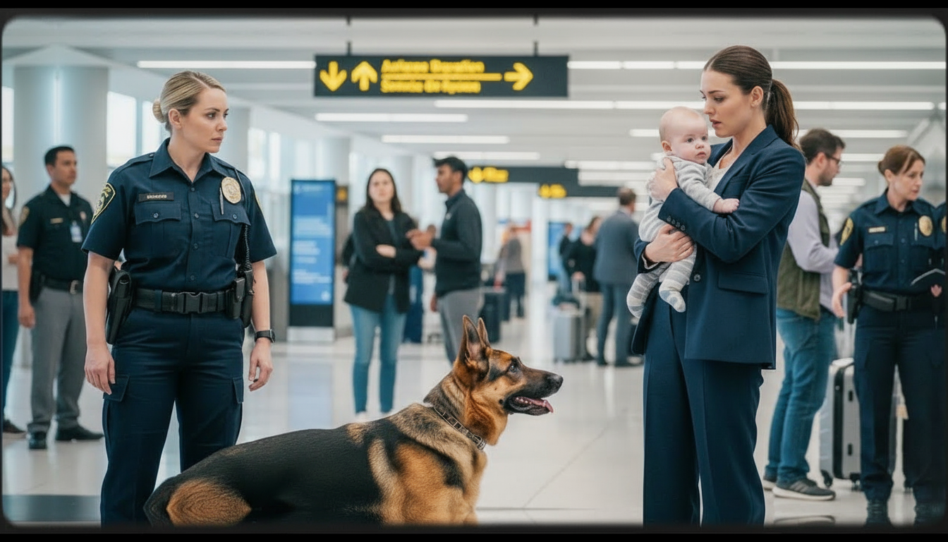 Ảnh đã làm nét và sáng bố cục cảnh sát, phụ nữ bế em bé và chó béc giê ở sân bay.